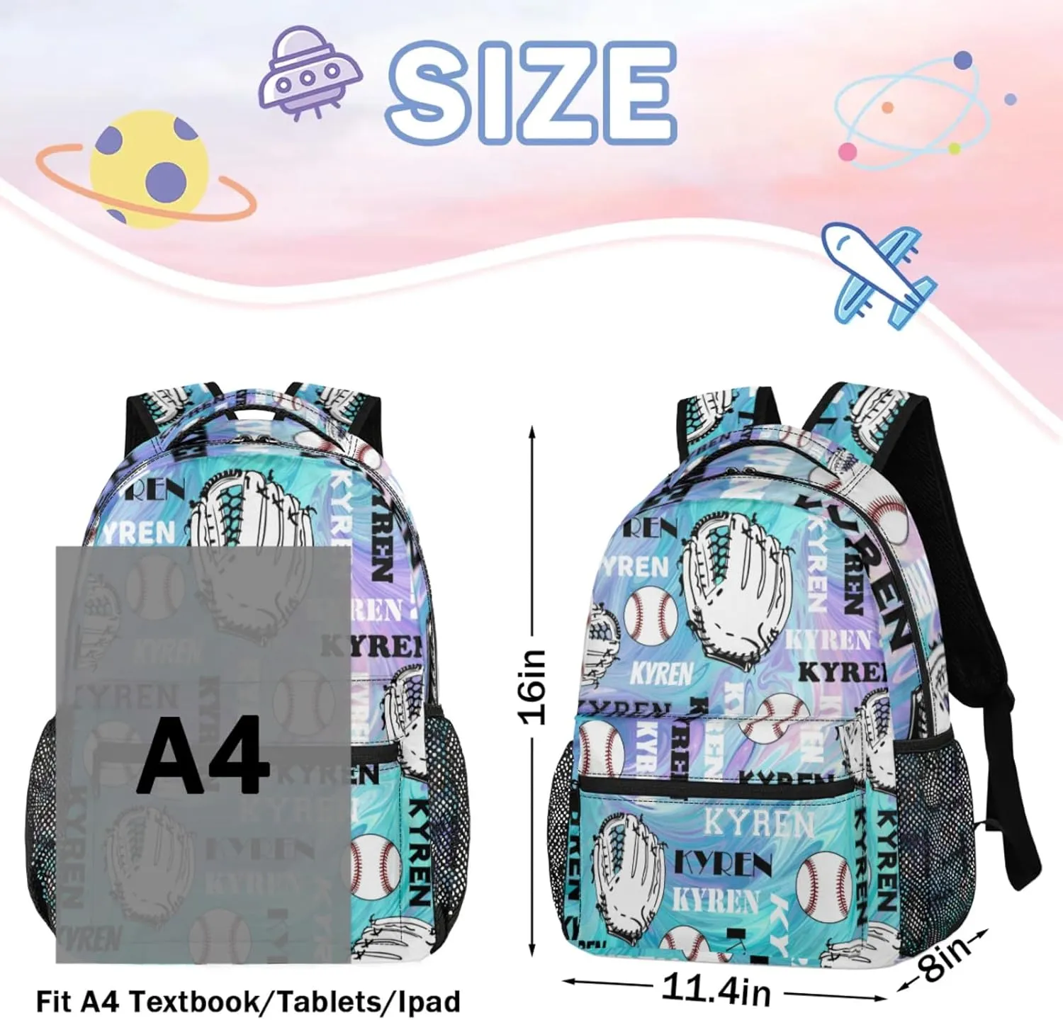 Custom Name Baseball Backpack for Men Women, Personalized Laptop Backpack with Name, Sports Bag Lightweight Daypack for Travel Camping, Blue Purple