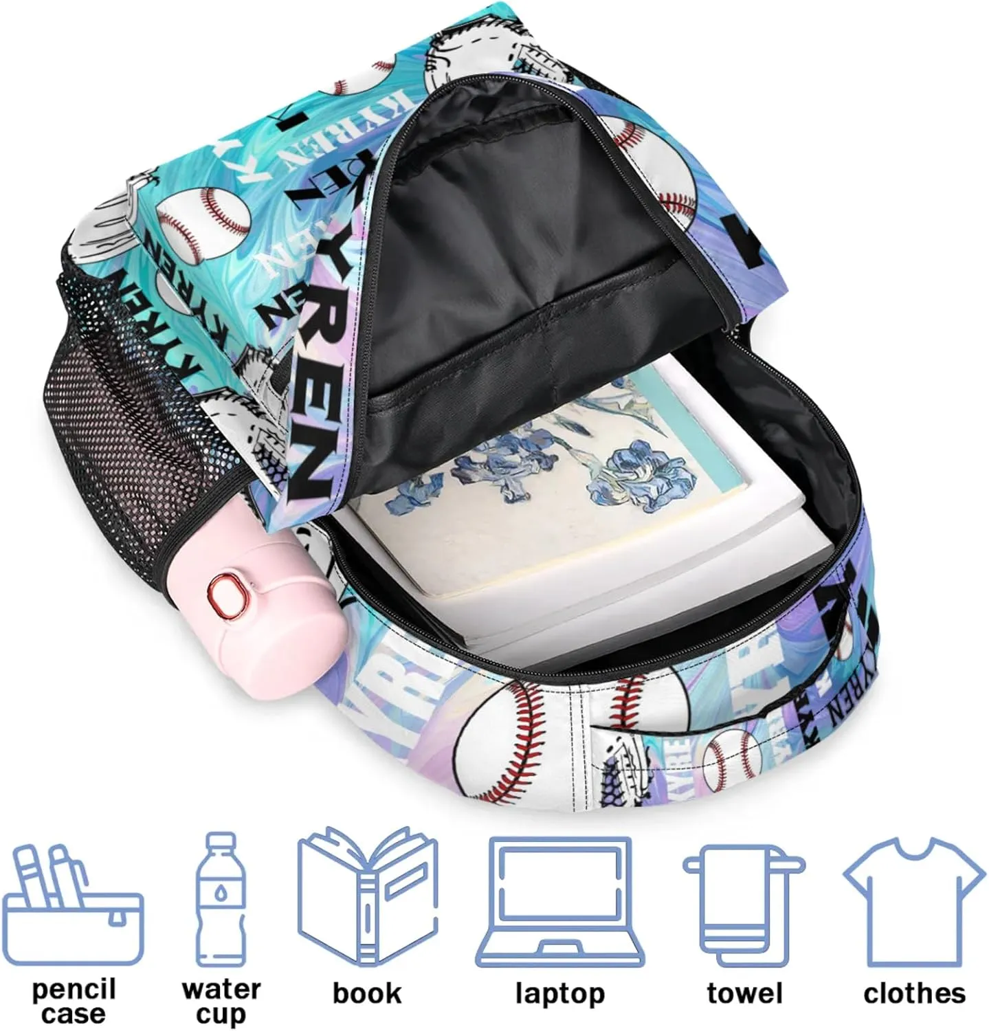 Custom Name Baseball Backpack for Men Women, Personalized Laptop Backpack with Name, Sports Bag Lightweight Daypack for Travel Camping, Blue Purple