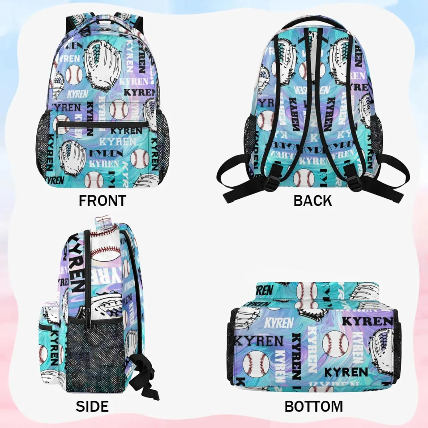 Custom Name Baseball Backpack for Men Women, Personalized Laptop Backpack with Name, Sports Bag Lightweight Daypack for Travel Camping, Blue Purple