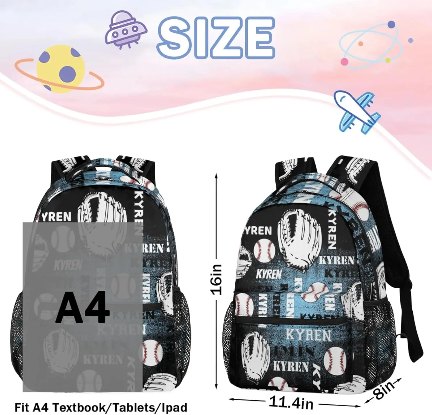Custom Name Baseball Backpack for Men Women, Personalized Name Laptop Backpack, Sports Bag Lightweight Daypack for Travel Camping, Blue Black