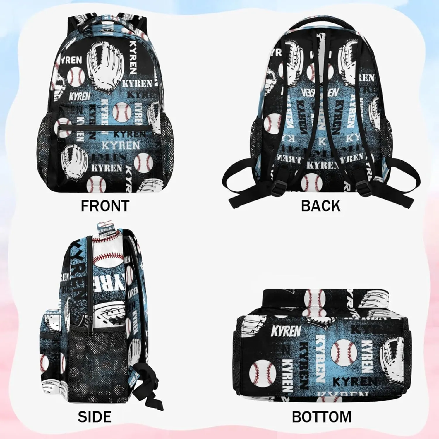 Custom Name Baseball Backpack for Men Women, Personalized Name Laptop Backpack, Sports Bag Lightweight Daypack for Travel Camping, Blue Black