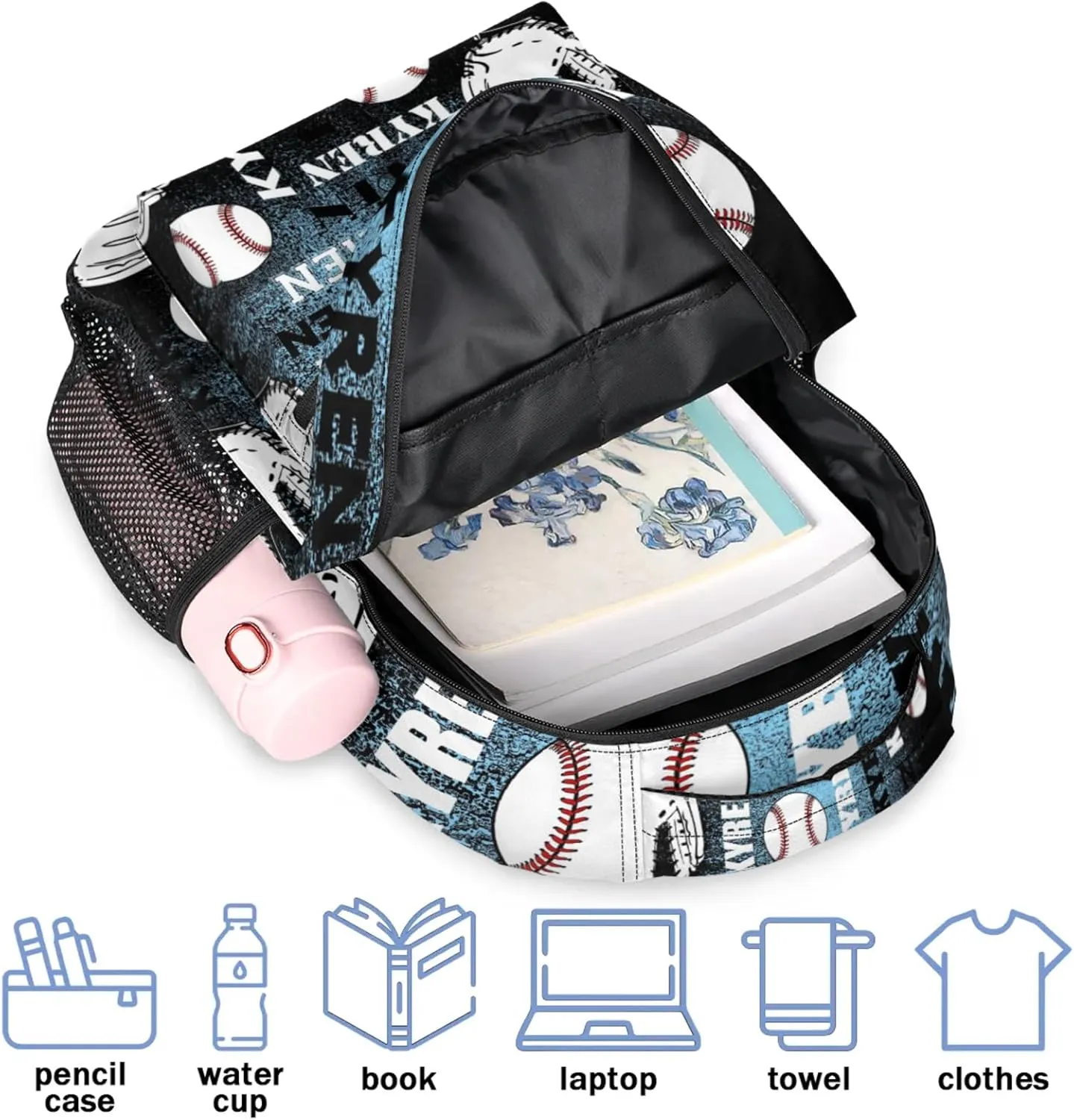 Custom Name Baseball Backpack for Men Women, Personalized Name Laptop Backpack, Sports Bag Lightweight Daypack for Travel Camping, Blue Black