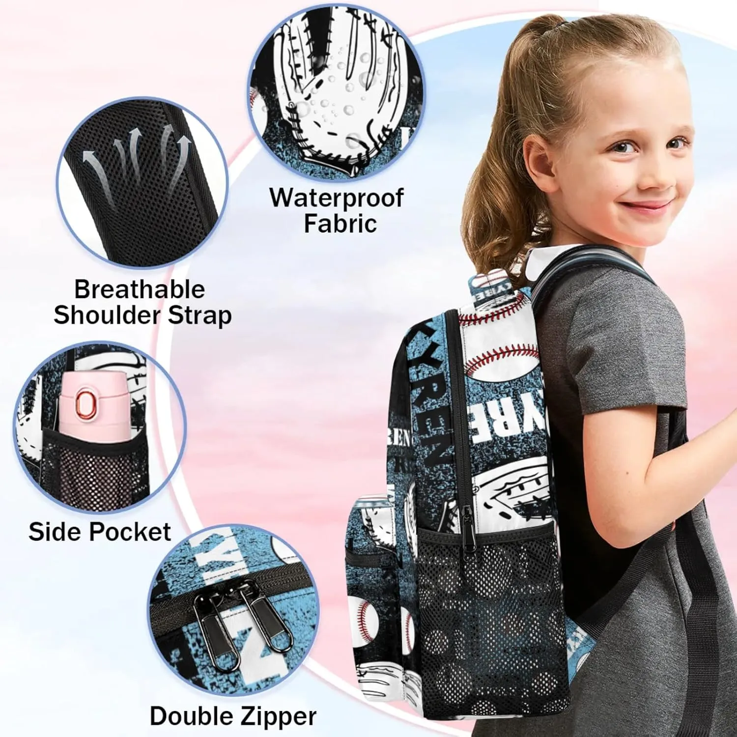 Custom Name Baseball Backpack for Men Women, Personalized Name Laptop Backpack, Sports Bag Lightweight Daypack for Travel Camping, Blue Black