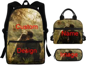 Custom Name/Image Backpack with Lunch Box Compartment Multi-Functional Large Capacity Tote Bag for School Waterproof Leakproof Insulated Lunch Bag and Pencil Case