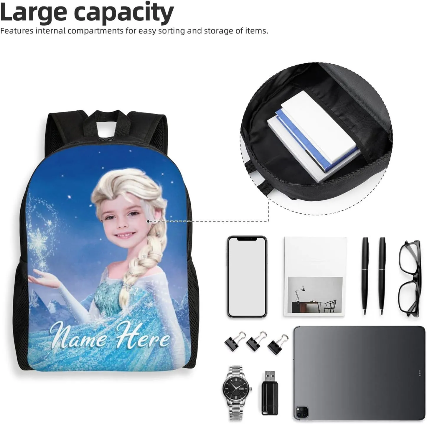 Custom Princess Backpack Add Photo and Name, Girls Personalized Princess School Bag Shoulder Bag Casual Daypack for Daughter Granddaughter Niece