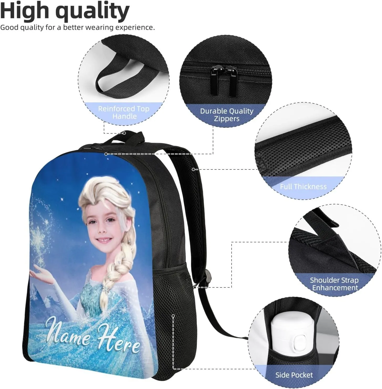 Custom Princess Backpack Add Photo and Name, Girls Personalized Princess School Bag Shoulder Bag Casual Daypack for Daughter Granddaughter Niece