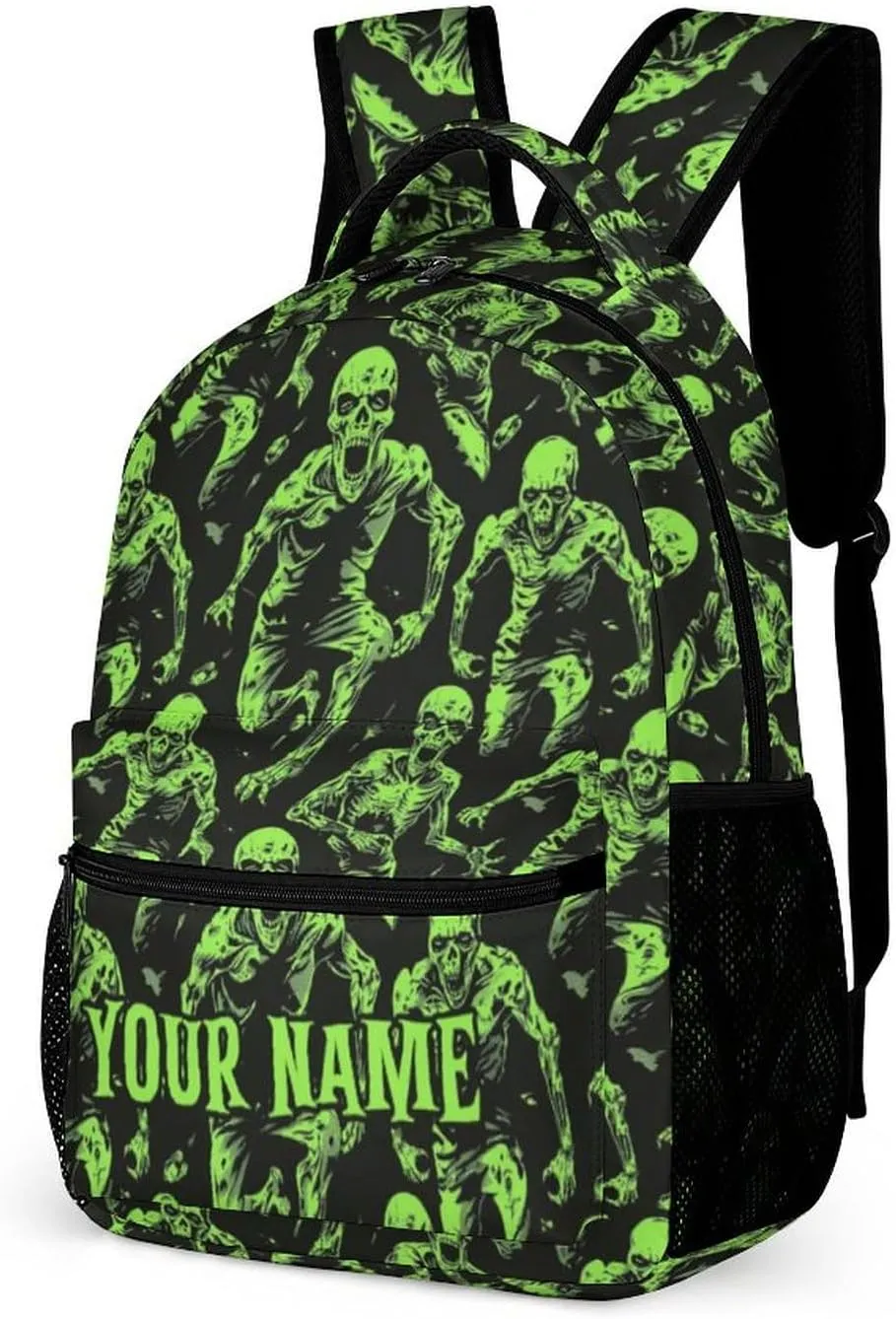 Custom Zombie Backpack for Kids Girls Boys School, 16 Inches Scary Zombies Theme Bookbag, Adjustable, Lightweight, Large Capacity, Colorful Haunted Horror Backpack