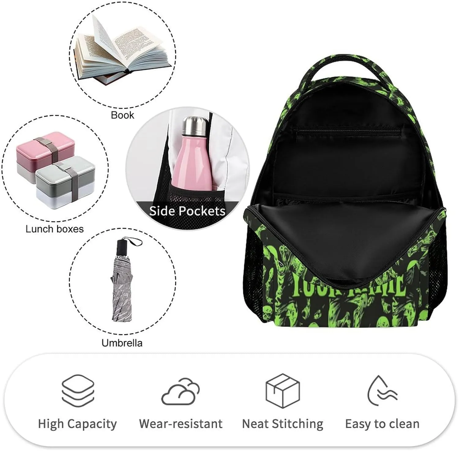 Custom Zombie Backpack for Kids Girls Boys School, 16 Inches Scary Zombies Theme Bookbag, Adjustable, Lightweight, Large Capacity, Colorful Haunted Horror Backpack