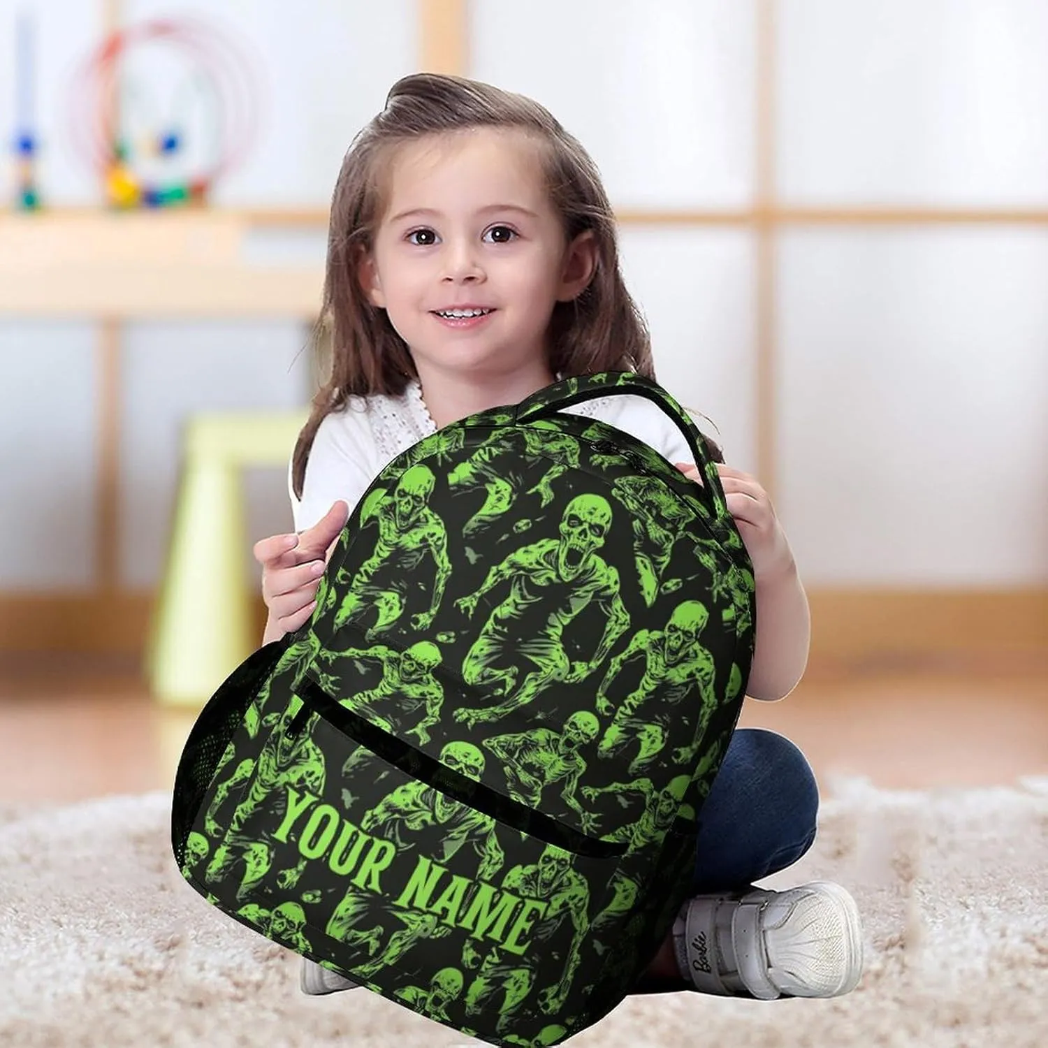 Custom Zombie Backpack for Kids Girls Boys School, 16 Inches Scary Zombies Theme Bookbag, Adjustable, Lightweight, Large Capacity, Colorful Haunted Horror Backpack