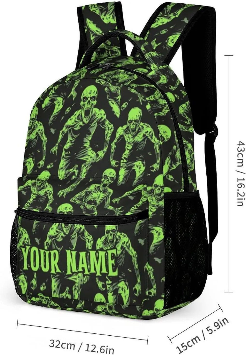 Custom Zombie Backpack for Kids Girls Boys School, 16 Inches Scary Zombies Theme Bookbag, Adjustable, Lightweight, Large Capacity, Colorful Haunted Horror Backpack