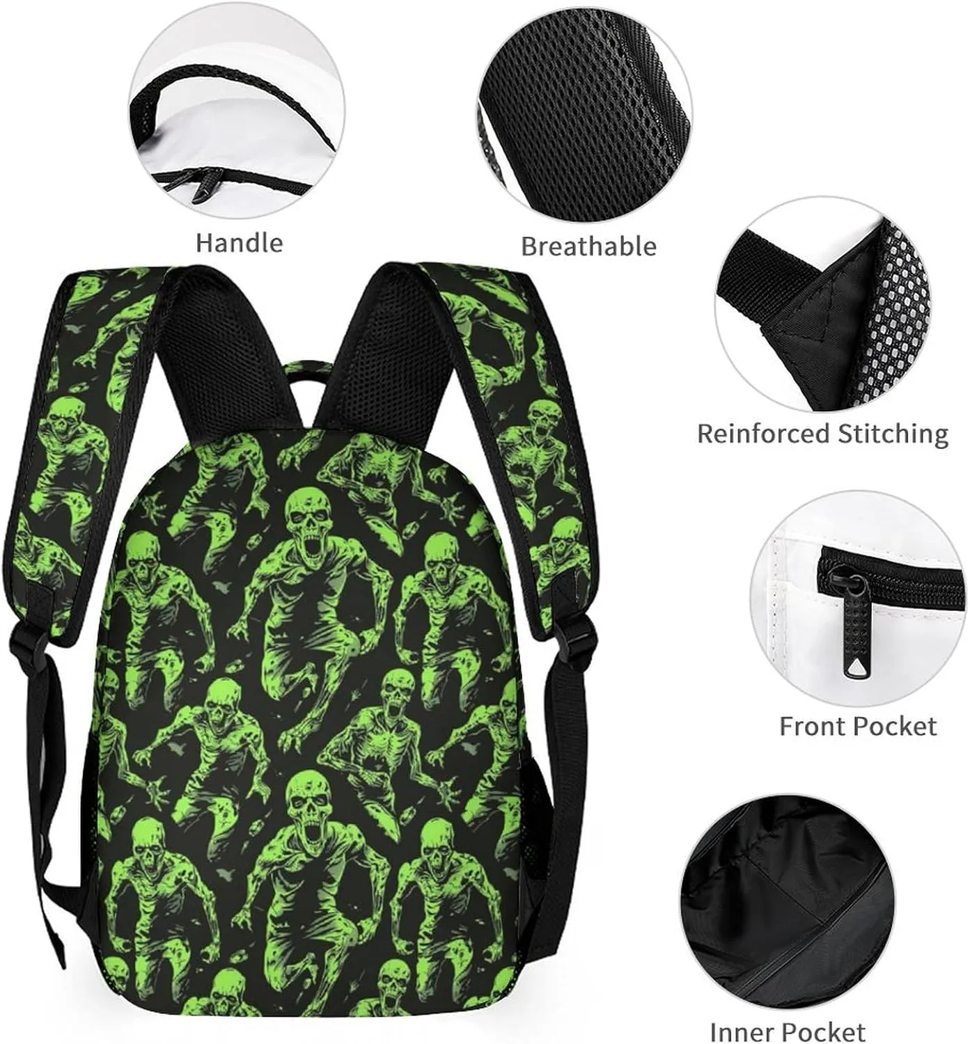 Custom Zombie Backpack for Kids Girls Boys School, 16 Inches Scary Zombies Theme Bookbag, Adjustable, Lightweight, Large Capacity, Colorful Haunted Horror Backpack