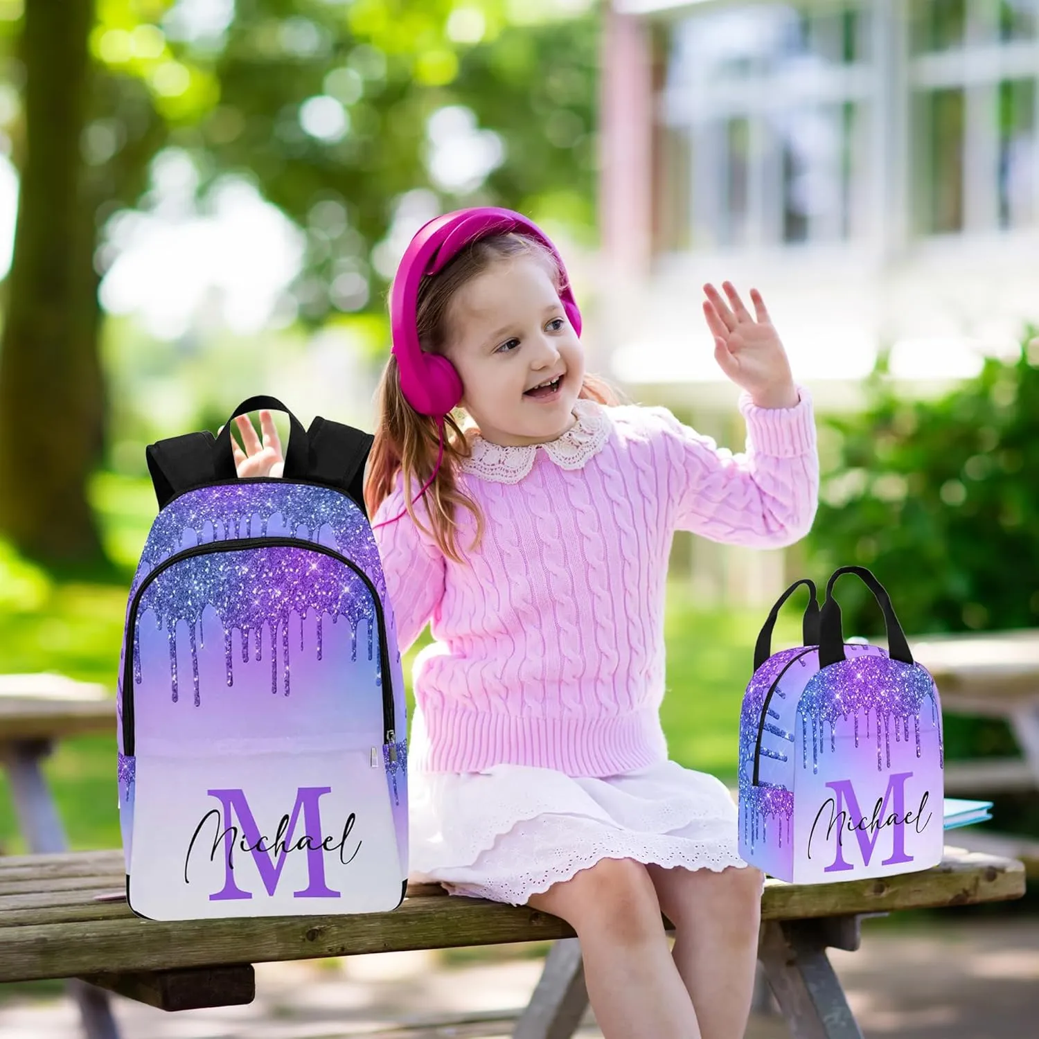 Customize Name Casual School Backpack for Kids, Personalized Green Shinning Glitter Drips Monogram Schoolbag Shoulder Bag Custom Lunch Box Bag Travel Daypack for Students Boys Girls Back School Gifts
