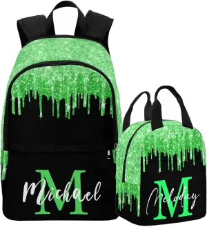 Customize Name Casual School Backpack for Kids, Personalized Green Shinning Glitter Drips Monogram Schoolbag Shoulder Bag Custom Lunch Box Bag Travel Daypack for Students Boys Girls Back School Gifts