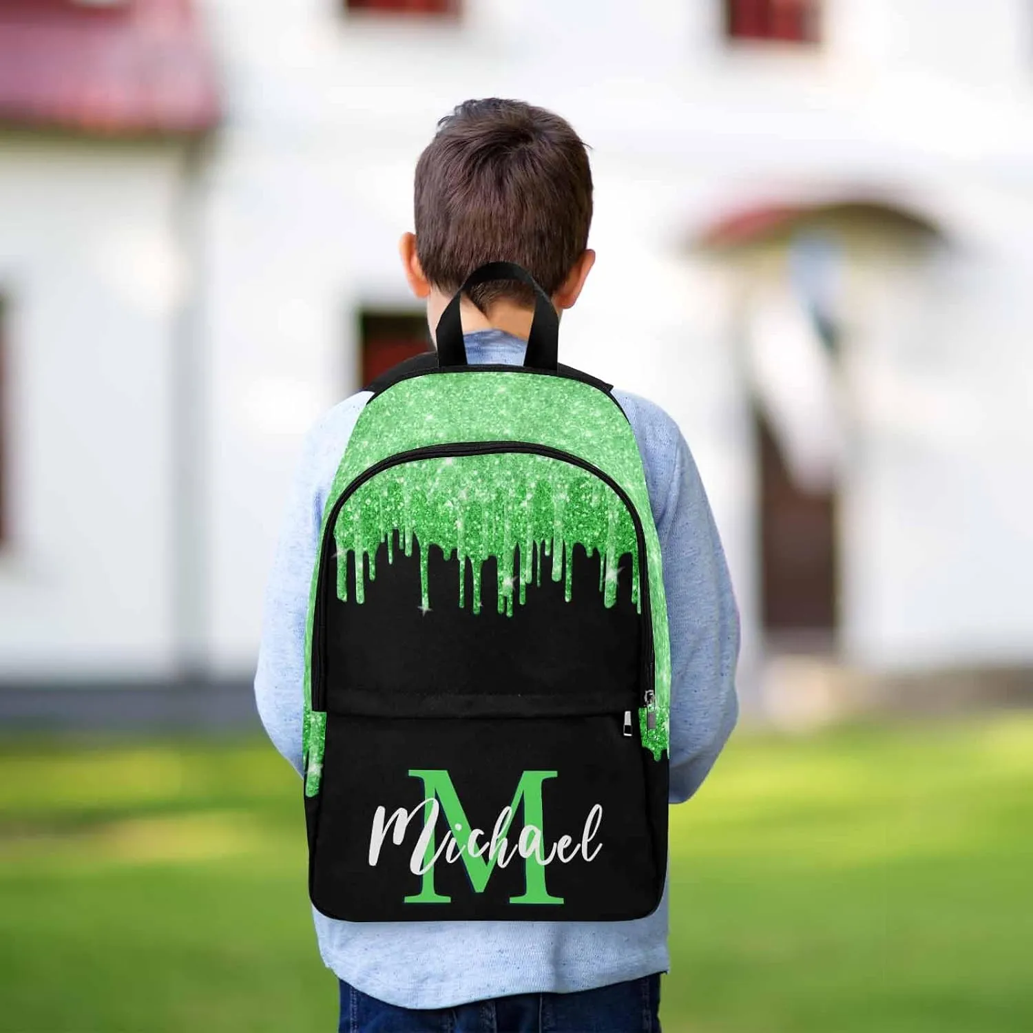 Customize Name Casual School Backpack for Kids, Personalized Green Shinning Glitter Drips Monogram Schoolbag Shoulder Bag Custom Lunch Box Bag Travel Daypack for Students Boys Girls Back School Gifts