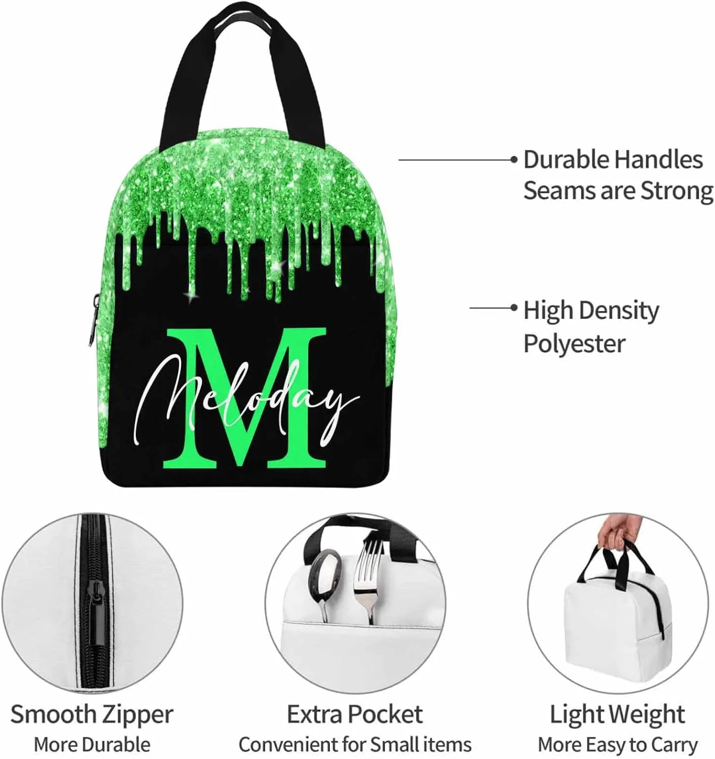 Customize Name Casual School Backpack for Kids, Personalized Green Shinning Glitter Drips Monogram Schoolbag Shoulder Bag Custom Lunch Box Bag Travel Daypack for Students Boys Girls Back School Gifts