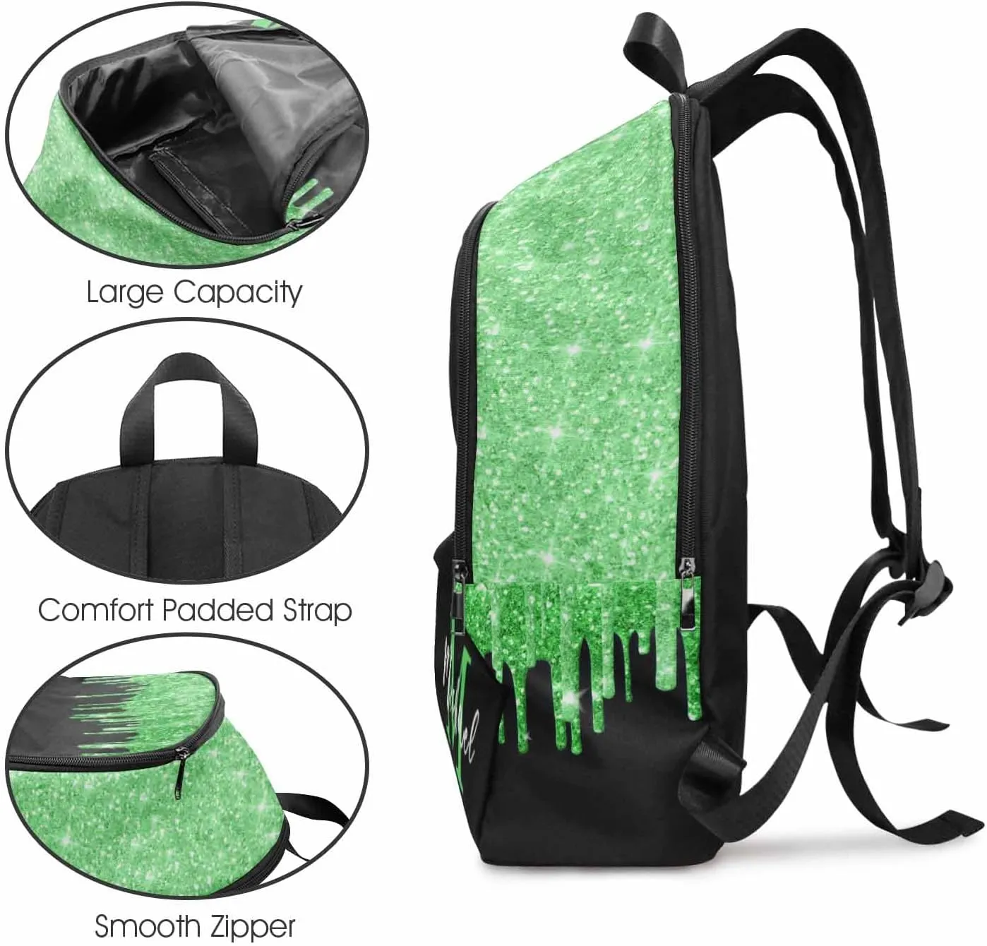 Customize Name Casual School Backpack for Kids, Personalized Green Shinning Glitter Drips Monogram Schoolbag Shoulder Bag Custom Lunch Box Bag Travel Daypack for Students Boys Girls Back School Gifts