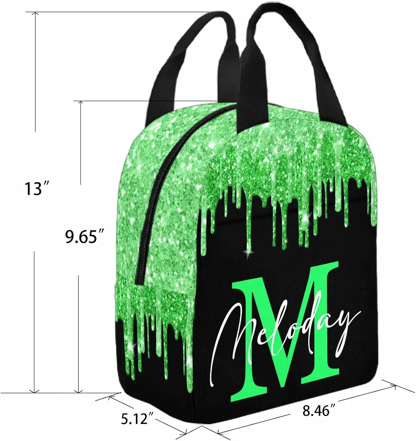Customize Name Casual School Backpack for Kids, Personalized Green Shinning Glitter Drips Monogram Schoolbag Shoulder Bag Custom Lunch Box Bag Travel Daypack for Students Boys Girls Back School Gifts