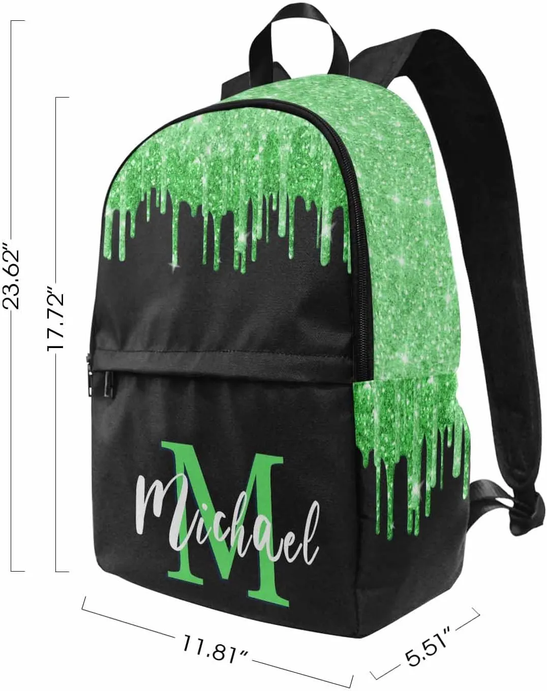 Customize Name Casual School Backpack for Kids, Personalized Green Shinning Glitter Drips Monogram Schoolbag Shoulder Bag Custom Lunch Box Bag Travel Daypack for Students Boys Girls Back School Gifts