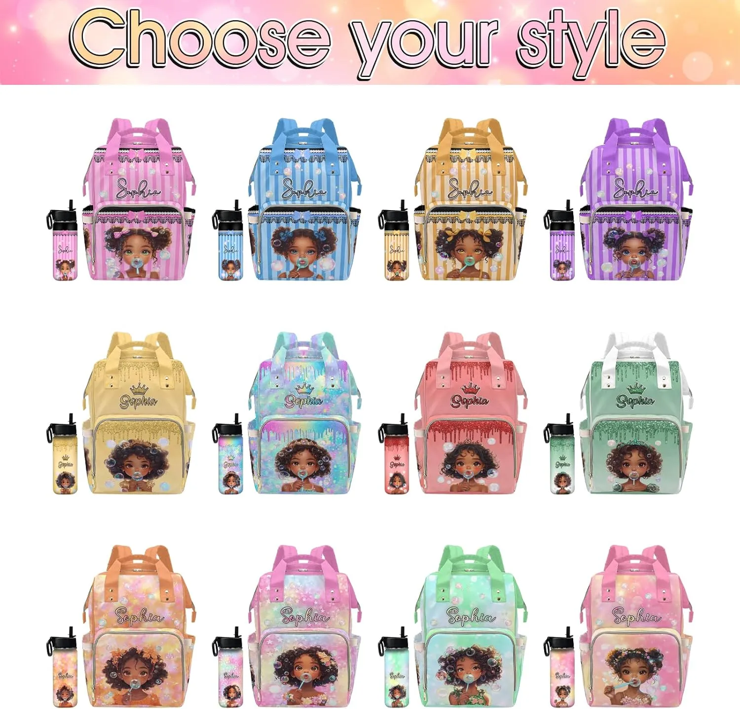 Customized Baby Bag Diaper Bag with Monogram Mommy Bag Cute Girl Colorful Bubbles, Custom Diaper Bag Backpack Waterproof Outdoor Travel Leisure for Mother's Day Father's Day