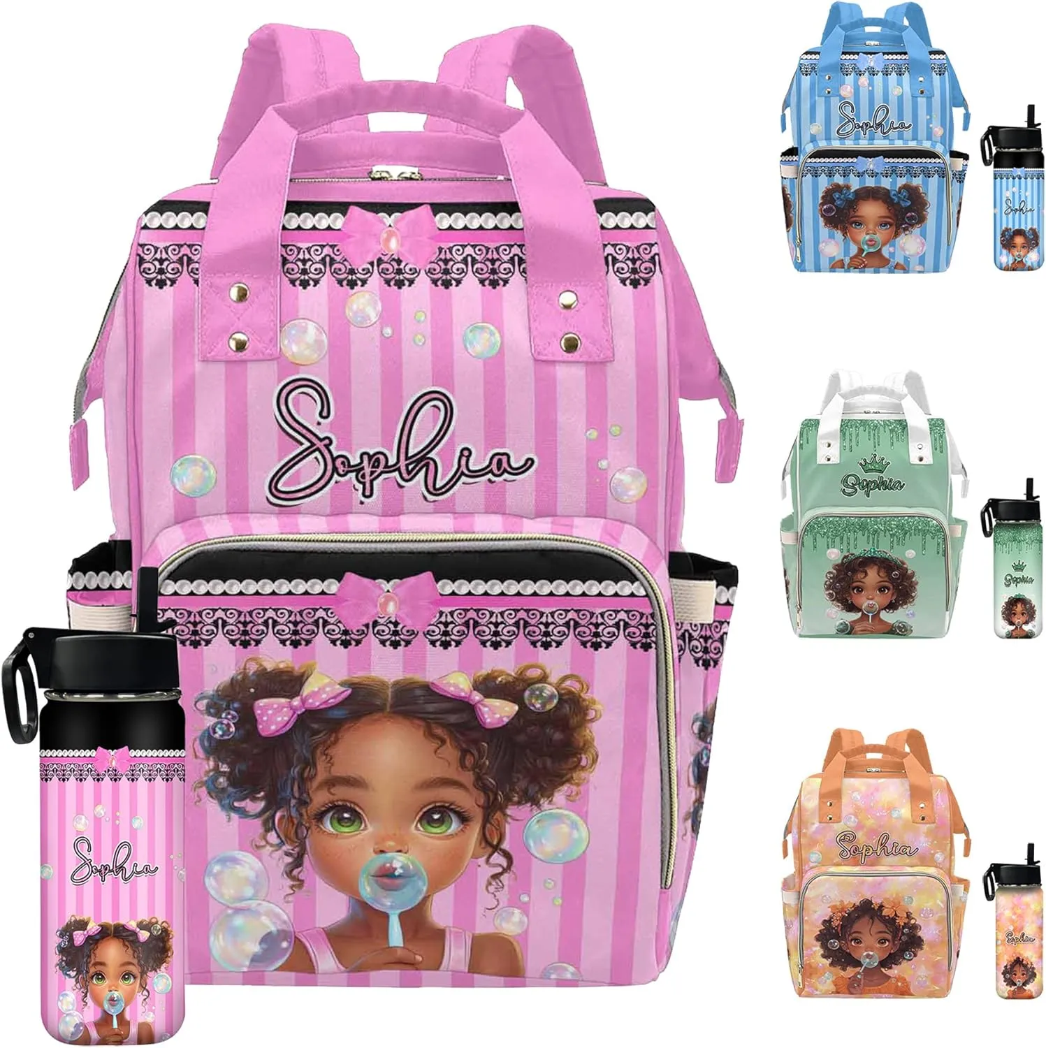 Customized Baby Bag Diaper Bag with Monogram Mommy Bag Cute Girl Colorful Bubbles, Custom Diaper Bag Backpack Waterproof Outdoor Travel Leisure for Mother's Day Father's Day
