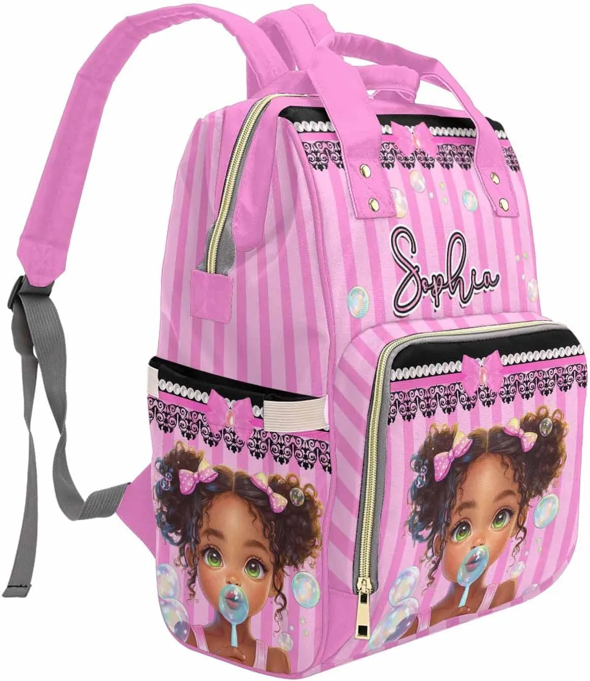 Customized Baby Bag Diaper Bag with Monogram Mommy Bag Cute Girl Colorful Bubbles, Custom Diaper Bag Backpack Waterproof Outdoor Travel Leisure for Mother's Day Father's Day