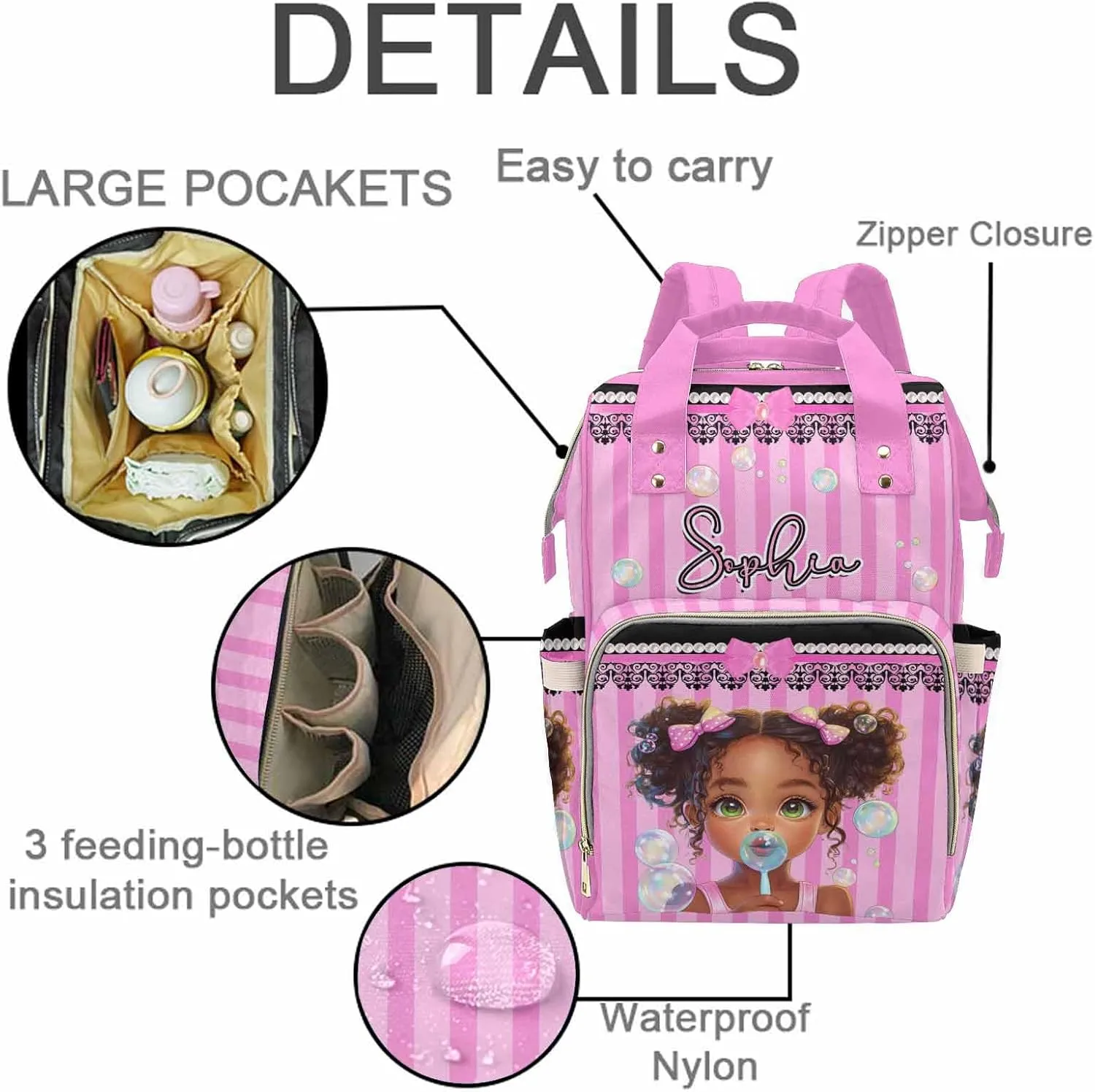 Customized Baby Bag Diaper Bag with Monogram Mommy Bag Cute Girl Colorful Bubbles, Custom Diaper Bag Backpack Waterproof Outdoor Travel Leisure for Mother's Day Father's Day