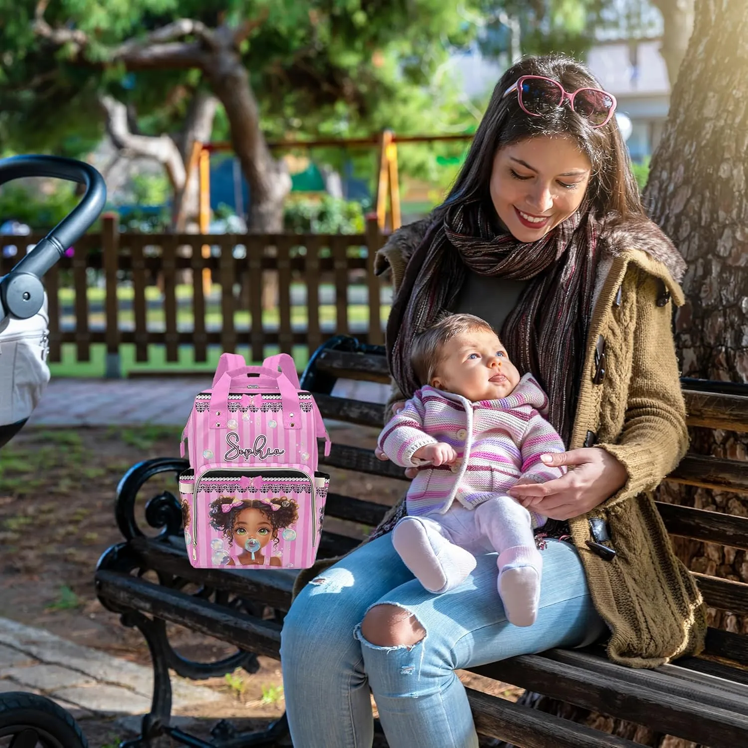 Customized Baby Bag Diaper Bag with Monogram Mommy Bag Cute Girl Colorful Bubbles, Custom Diaper Bag Backpack Waterproof Outdoor Travel Leisure for Mother's Day Father's Day