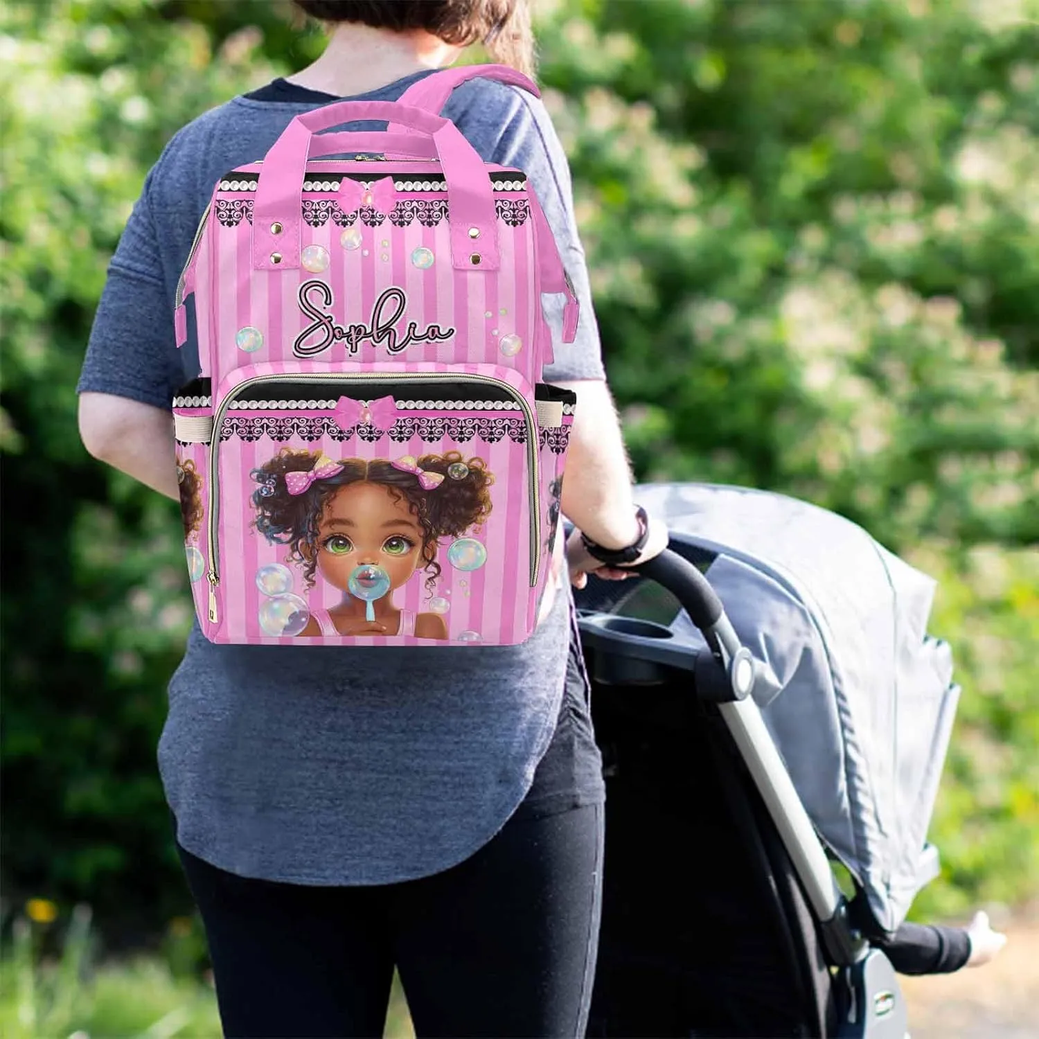Customized Baby Bag Diaper Bag with Monogram Mommy Bag Cute Girl Colorful Bubbles, Custom Diaper Bag Backpack Waterproof Outdoor Travel Leisure for Mother's Day Father's Day