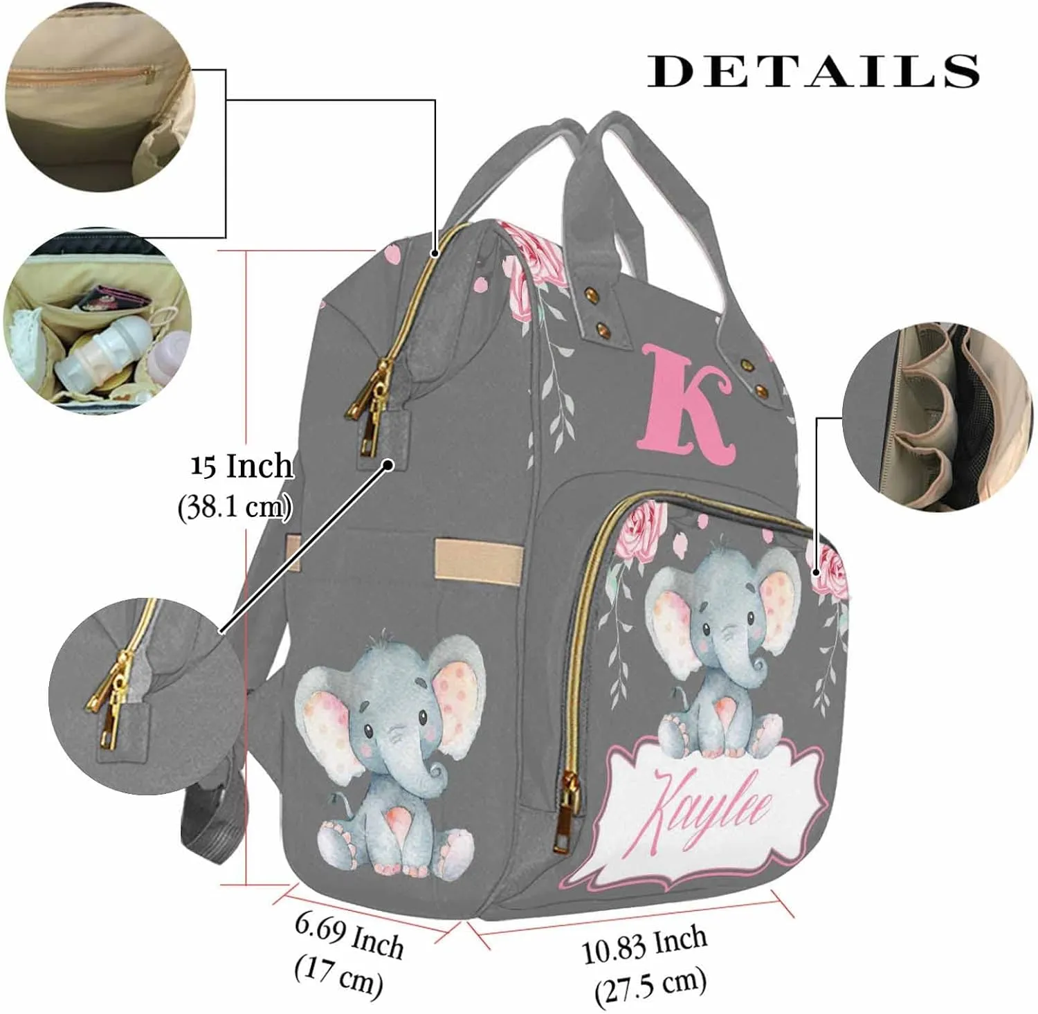 Customized Name Diaper Bag for New Mom, Personalized Multifunction Waterproof Nappy Bag Mommy Daypack for Travel Outside Use 317-9