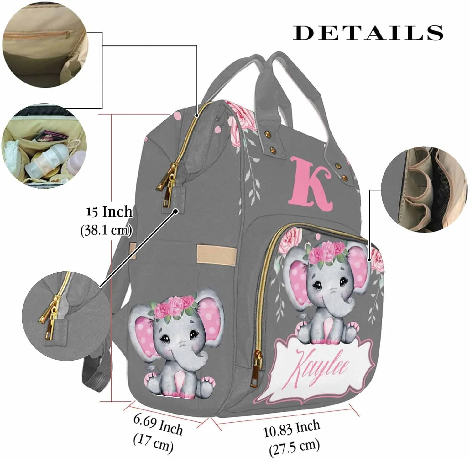 Customized Name Diaper Bag for New Mom, Personalized Multifunction Waterproof Nappy Bag Mommy Daypack for Travel Outside Use 317-9