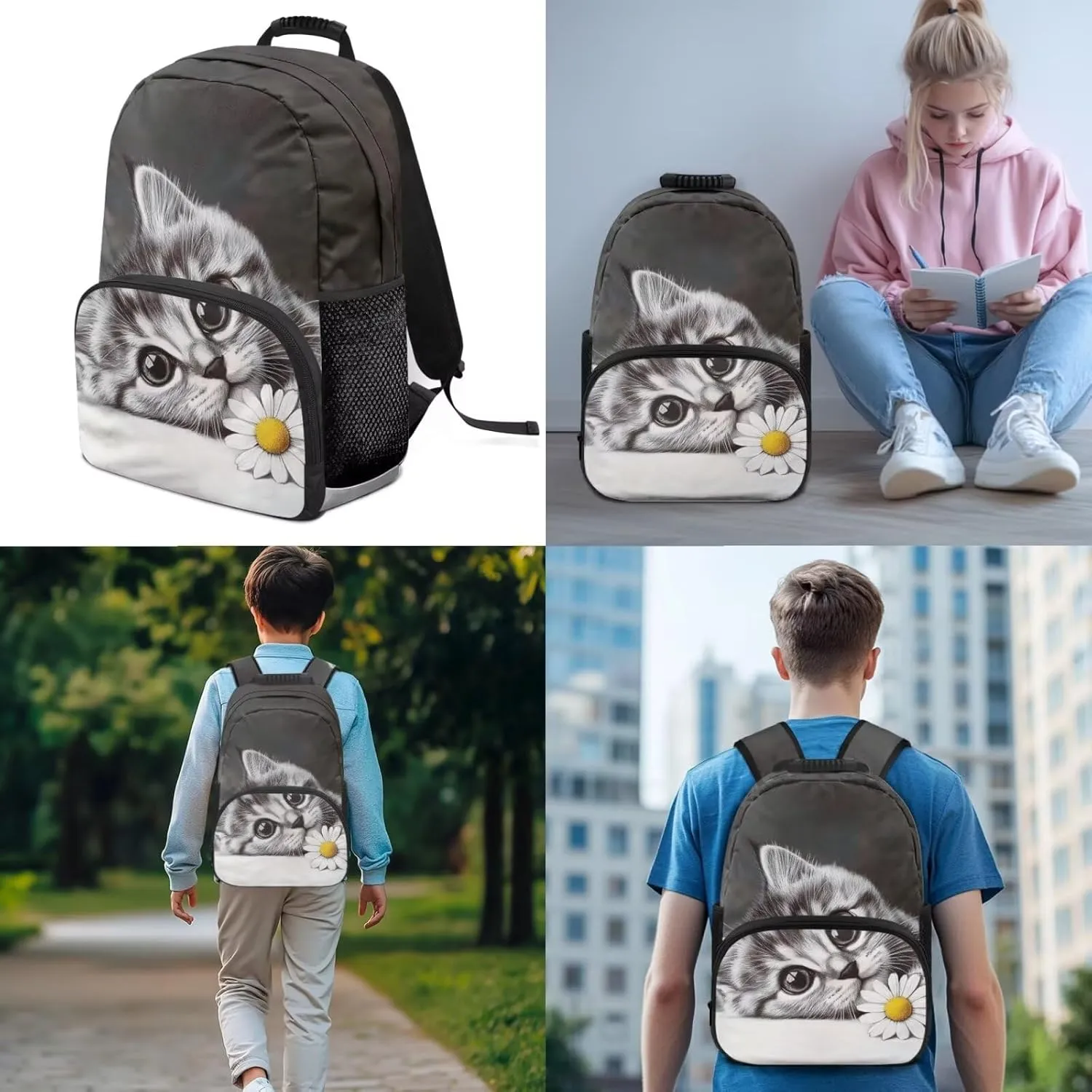 Cute 3D Cat Backpack School Bag for Kids Boys 3PCS School Backpack Large Capacity Bookbag Insulated Lunch Bag with Pencil Case for Middle School High School