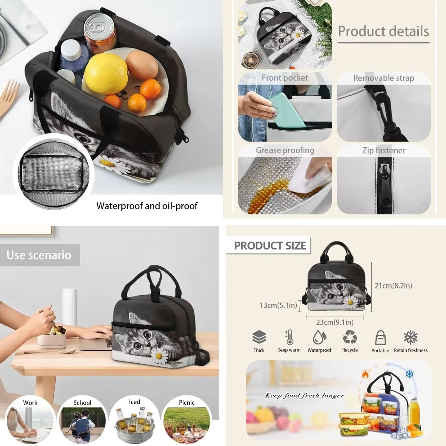 Cute 3D Cat Backpack School Bag for Kids Boys 3PCS School Backpack Large Capacity Bookbag Insulated Lunch Bag with Pencil Case for Middle School High School