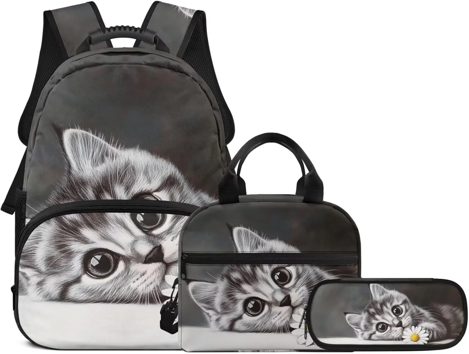 Cute 3D Cat Backpack School Bag for Kids Boys 3PCS School Backpack Large Capacity Bookbag Insulated Lunch Bag with Pencil Case for Middle School High School