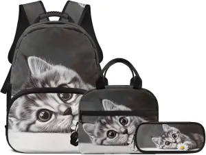 Cute 3D Cat Backpack School Bag for Kids Boys 3PCS School Backpack Large Capacity Bookbag Insulated Lunch Bag with Pencil Case for Middle School High School