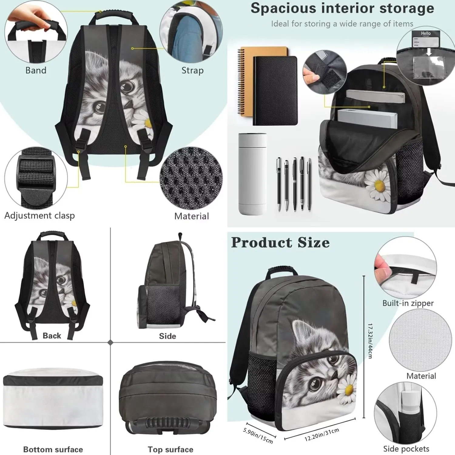 Cute 3D Cat Backpack School Bag for Kids Boys 3PCS School Backpack Large Capacity Bookbag Insulated Lunch Bag with Pencil Case for Middle School High School