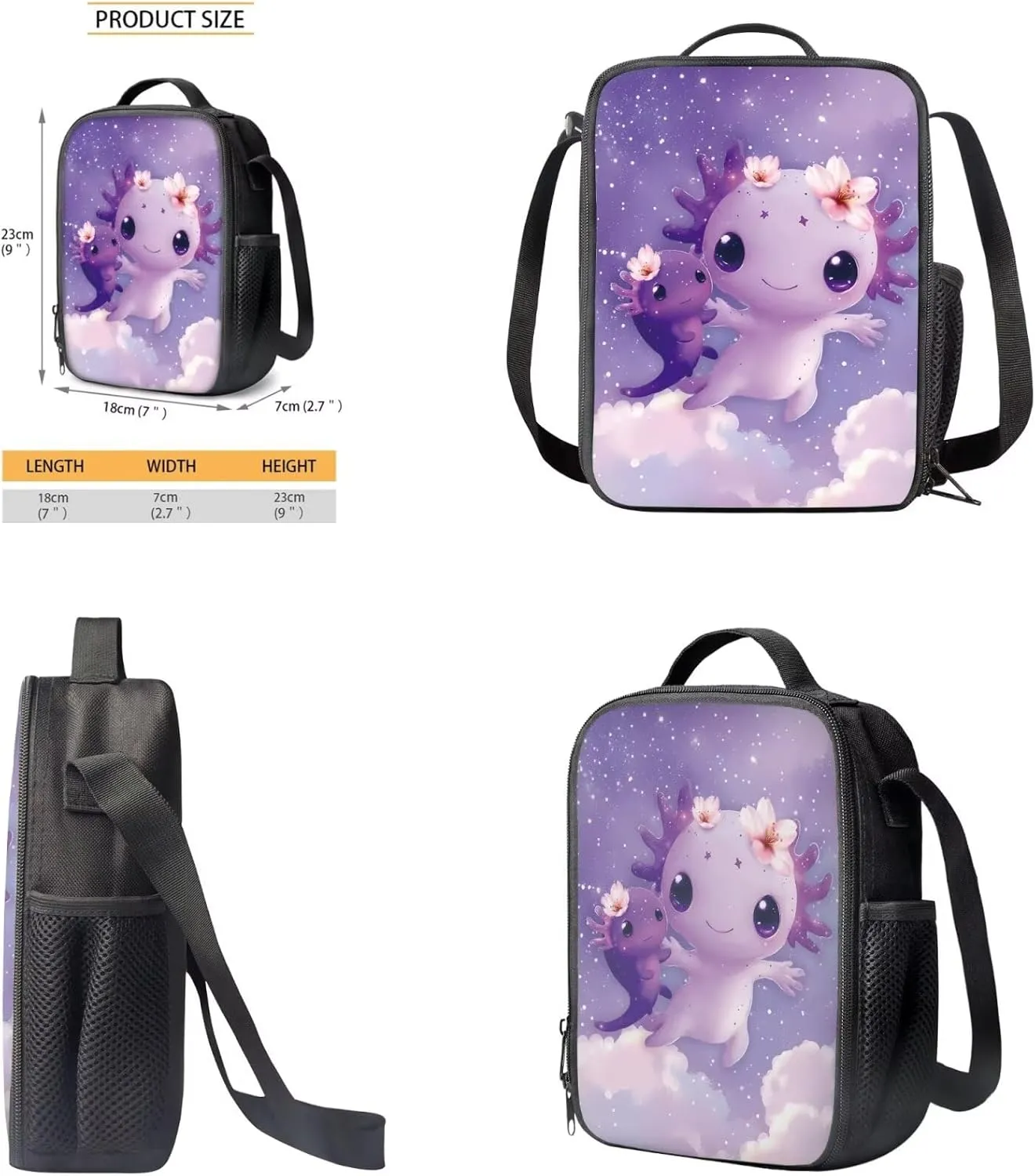Cute Axolotl Backpack for Girls Lightweight 17 Inch Bookbag for 3rd Grade Girls Lunch Bag Pencil Case and Water Bottle Holder 4 Piece School Bag Set