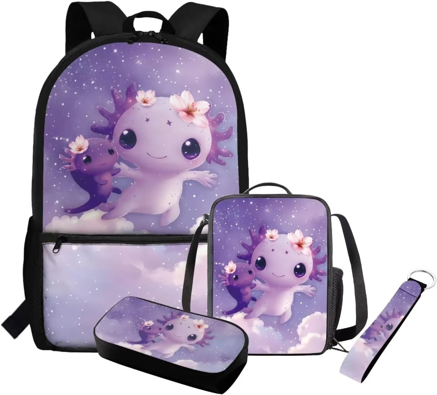 Cute Axolotl Backpack for Girls Lightweight 17 Inch Bookbag for 3rd Grade Girls Lunch Bag Pencil Case and Water Bottle Holder 4 Piece School Bag Set