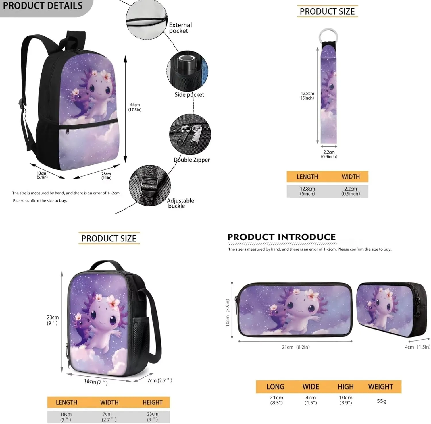 Cute Axolotl Backpack for Girls Lightweight 17 Inch Bookbag for 3rd Grade Girls Lunch Bag Pencil Case and Water Bottle Holder 4 Piece School Bag Set