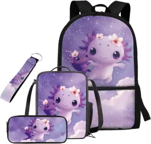 Cute Axolotl Backpack for Girls Lightweight 17 Inch Bookbag for 3rd Grade Girls Lunch Bag Pencil Case and Water Bottle Holder 4 Piece School Bag Set