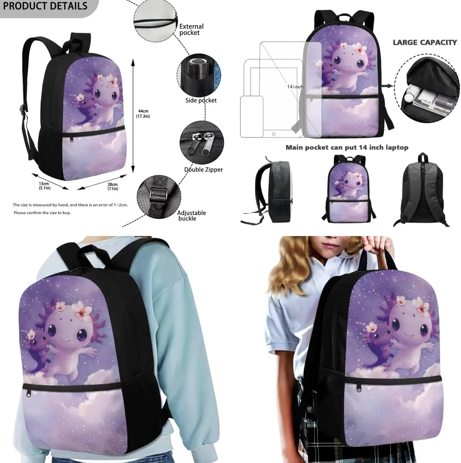 Cute Axolotl Backpack for Girls Lightweight 17 Inch Bookbag for 3rd Grade Girls Lunch Bag Pencil Case and Water Bottle Holder 4 Piece School Bag Set