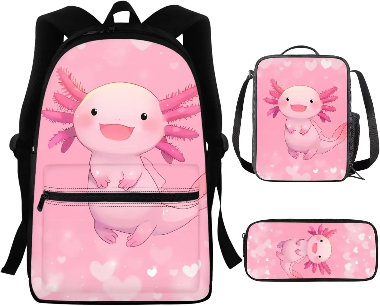 Cute Axolotl Book Bag for Girls 6-8/8-9 School Backpack With Lunch Bag Pencil Case Set 3 In 1 Elementary Primary School Bag Kids Bookbag 3Rd-6Th Grade Pink