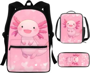 Cute Axolotl Book Bag for Girls 6-8/8-9 School Backpack With Lunch Bag Pencil Case Set 3 In 1 Elementary Primary School Bag Kids Bookbag 3Rd-6Th Grade Pink