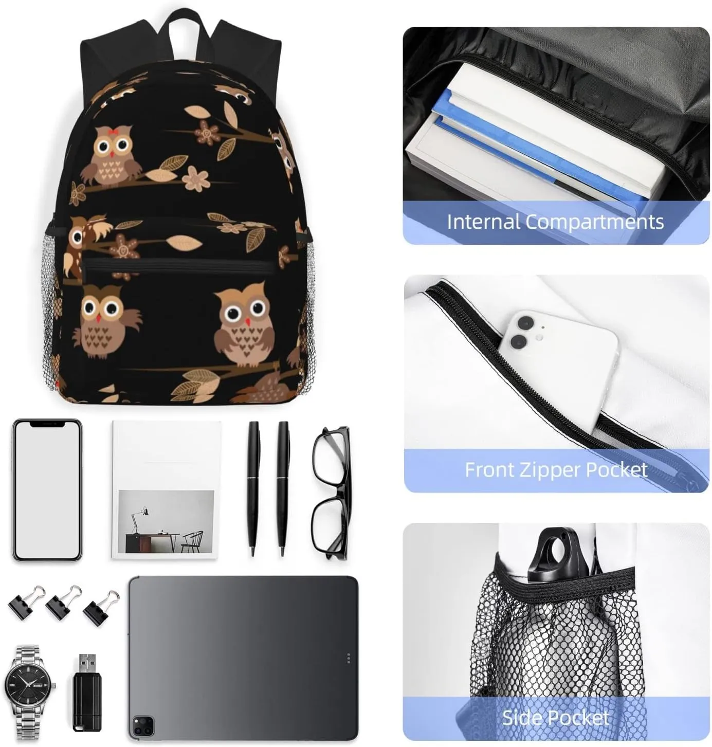 Cute Brown Cartoon Owls Print Multipurpose Casual Bag With Fashionable Travel,Work Outdoor Activities Backpack