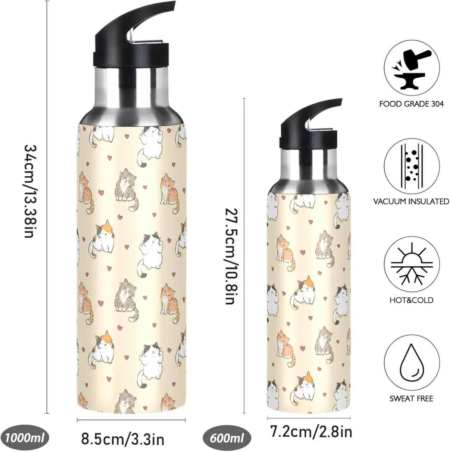 Cute Cartoon Cat Heart Water Bottle with Straw Lid Double Wall Light Yellow Thermos Bottle Vacuum Insulated Flask Stainless Steel Water Bottle for Gym Outdoor 20 OZ