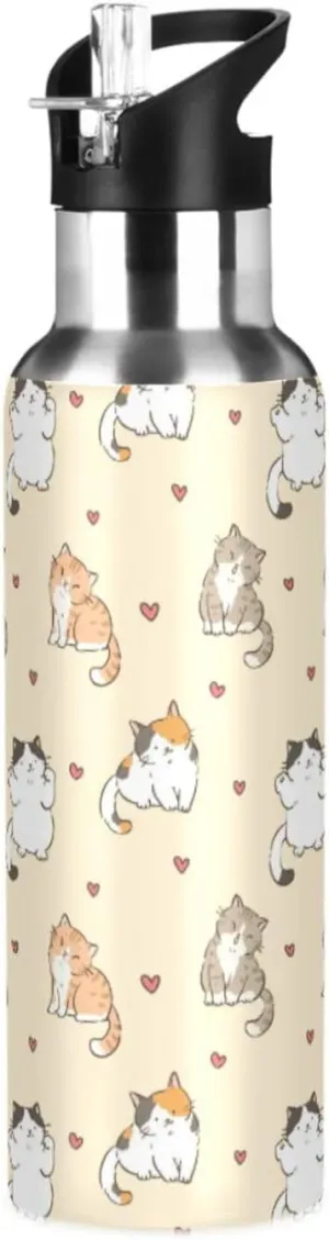 Cute Cartoon Cat Heart Water Bottle with Straw Lid Double Wall Light Yellow Thermos Bottle Vacuum Insulated Flask Stainless Steel Water Bottle for Gym Outdoor 20 OZ