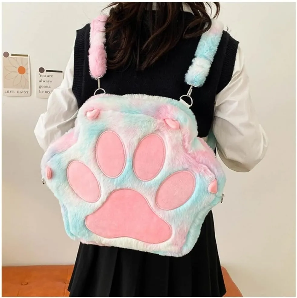 Cute Cat's Paw Kawaii Backpack Plush Single Shoulder Bag Large Capacity Crossbody Bag Purse and Handbag for Women (Blue)