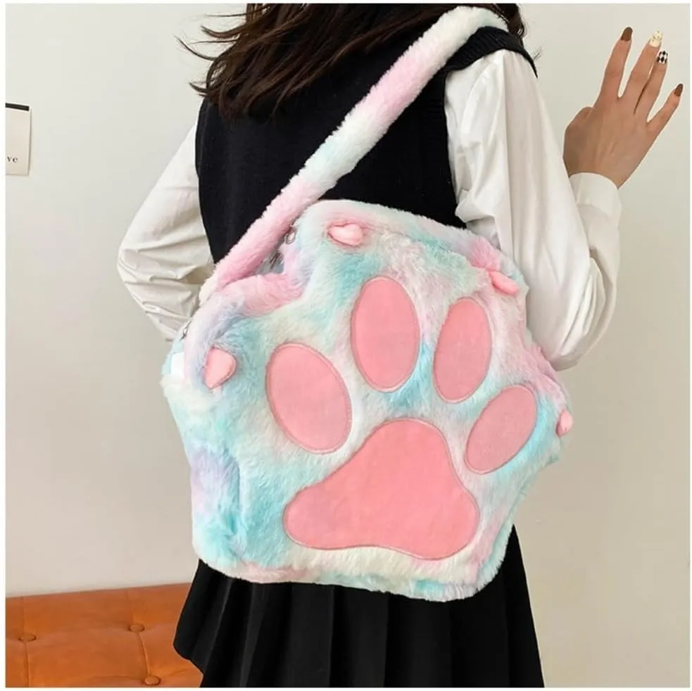 Cute Cat's Paw Kawaii Backpack Plush Single Shoulder Bag Large Capacity Crossbody Bag Purse and Handbag for Women (Blue)