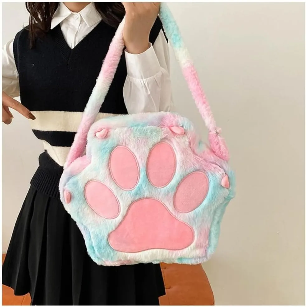 Cute Cat's Paw Kawaii Backpack Plush Single Shoulder Bag Large Capacity Crossbody Bag Purse and Handbag for Women (Blue)