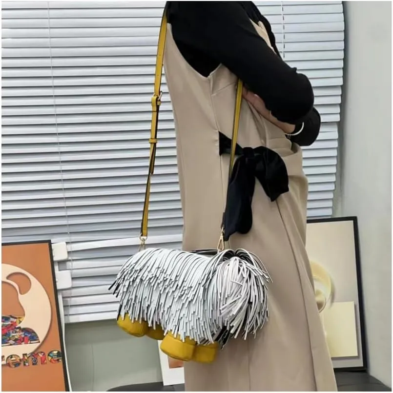 Cute Dog Shape Single Shoulder Bag Tassels Crossbody Bag PU Leather Purse and Handbag for Women (Black)