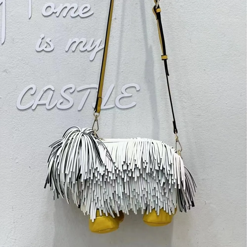 Cute Dog Shape Single Shoulder Bag Tassels Crossbody Bag PU Leather Purse and Handbag for Women (Black)